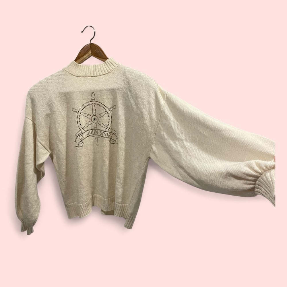 Vintage 80’s St. John santana knit creamy mock neck sweater nautical bling